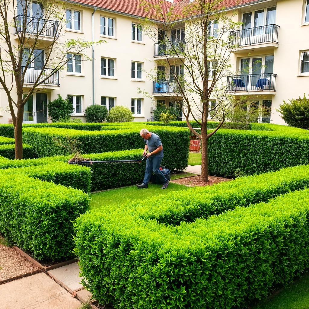 Entretien d'espaces verts en résidence, haies taillées au cordeau, Yvelines & Hauts-de-Seine