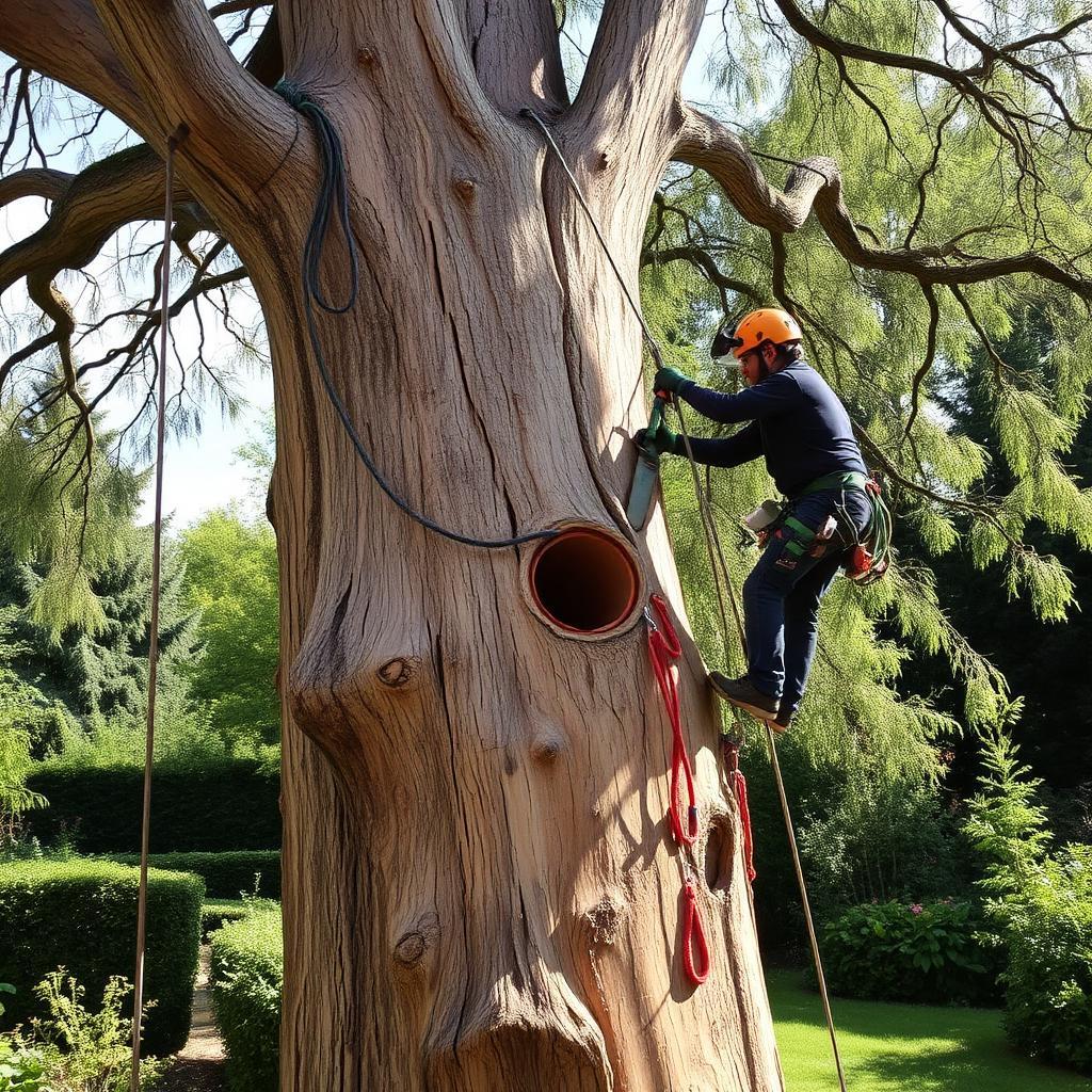Démontage d'un cèdre par tronçons, grimpeur encordé, Yvelines & Hauts-de-Seine